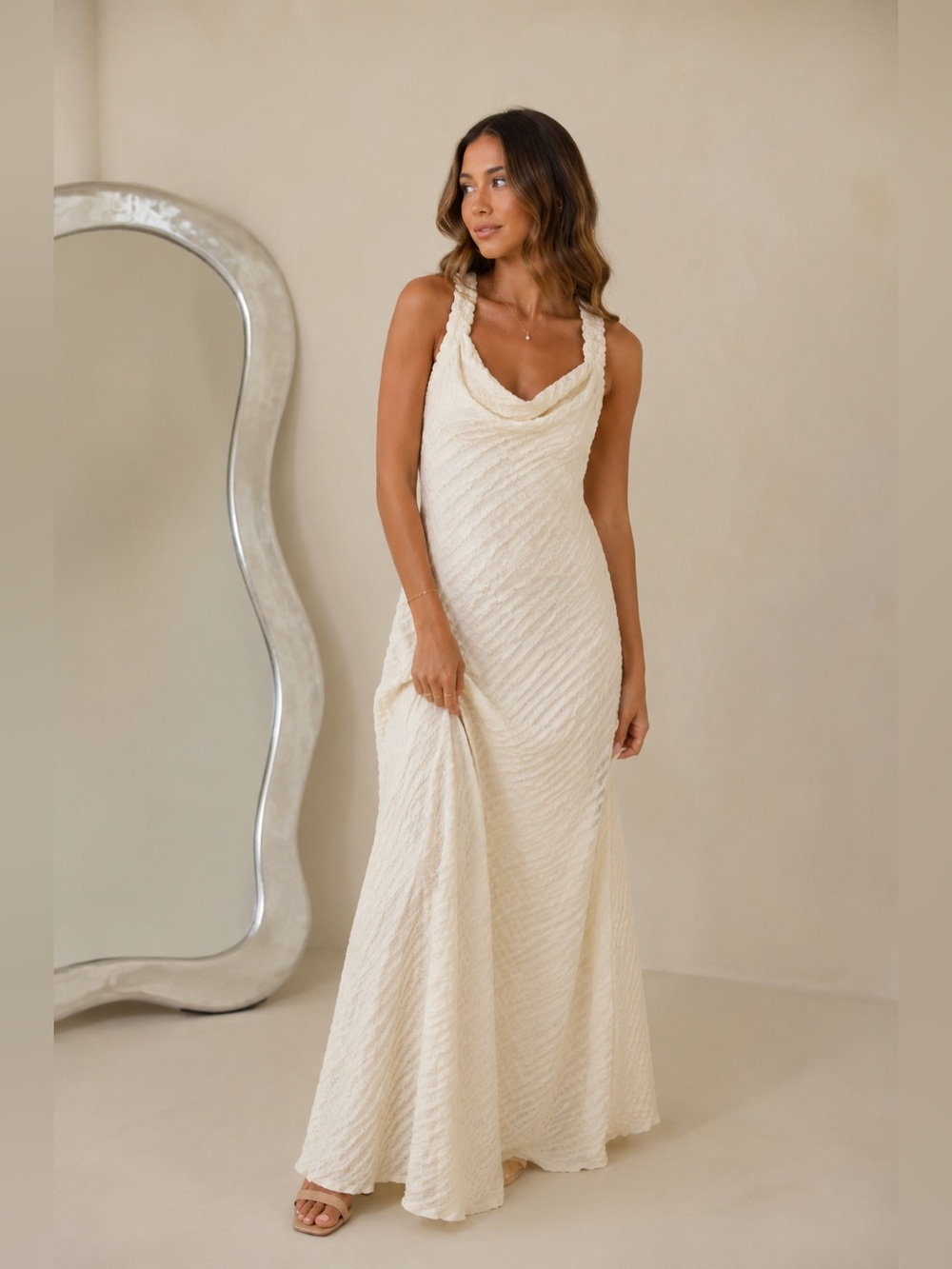 NWT Skylar Rose Cowl Neck Cream Maxi Dress with Textured Detail